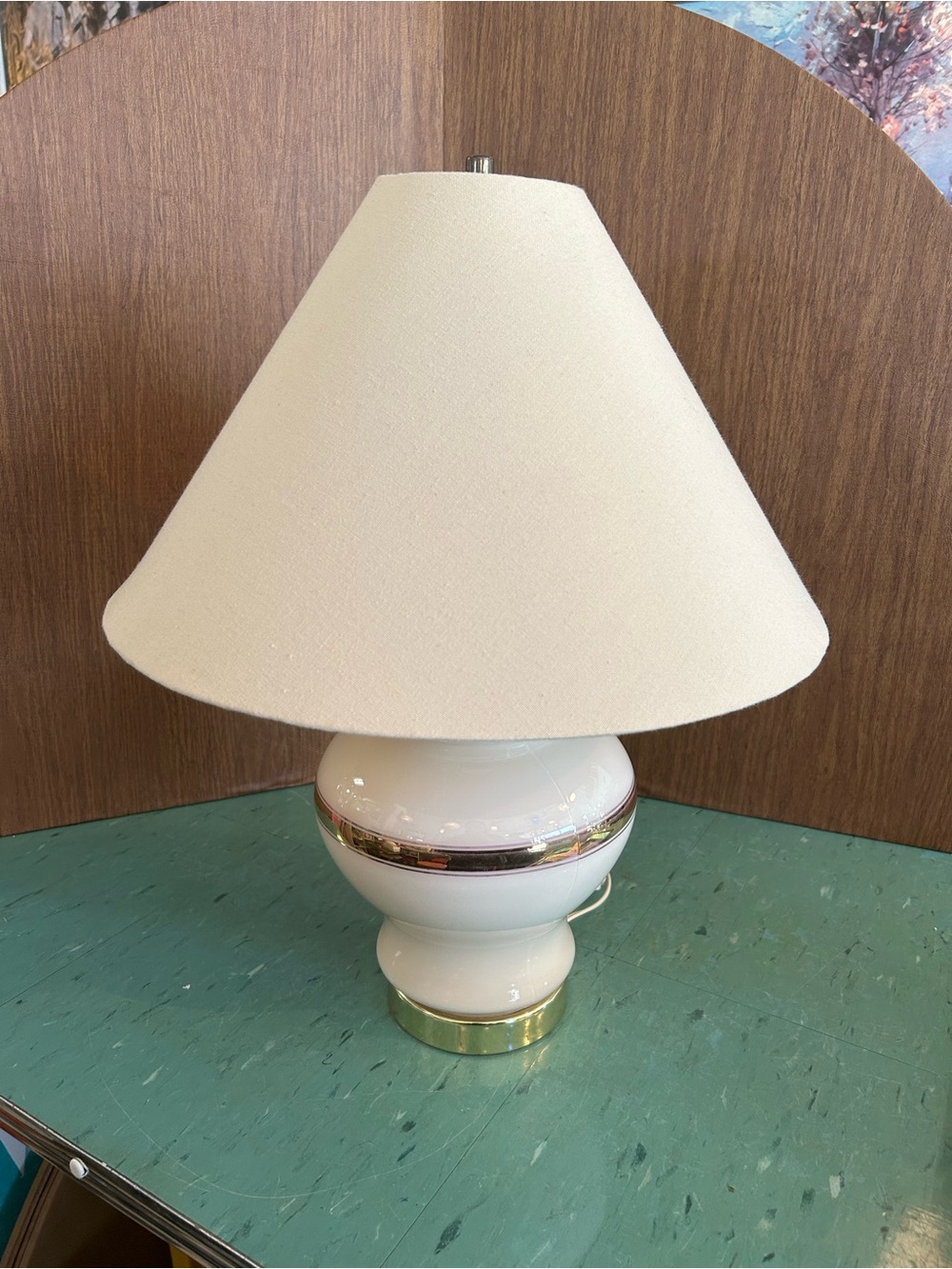 Vintage 1980’s table lamp peachy ivory color gold stripe 1990’s neutral